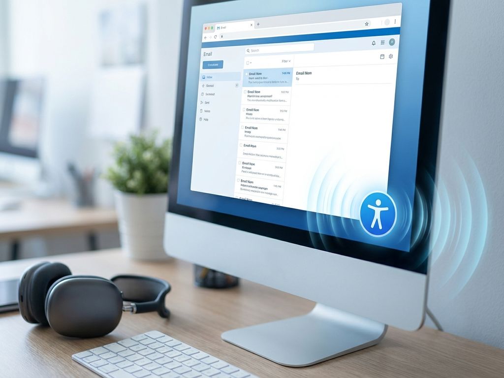 email-accessibility-screen-reader-interface.jpg Computer screen showing email interface with blue accessibility icon, headphones nearby, and translucent sound waves indicating screen reader technology.