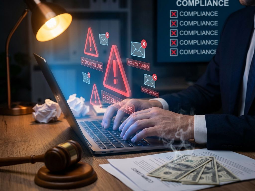 email-compliance-warning-business-legal-risks.jpg Businessman's hands over laptop with red warning symbols, scattered legal documents, gavel, and burning money on desk.