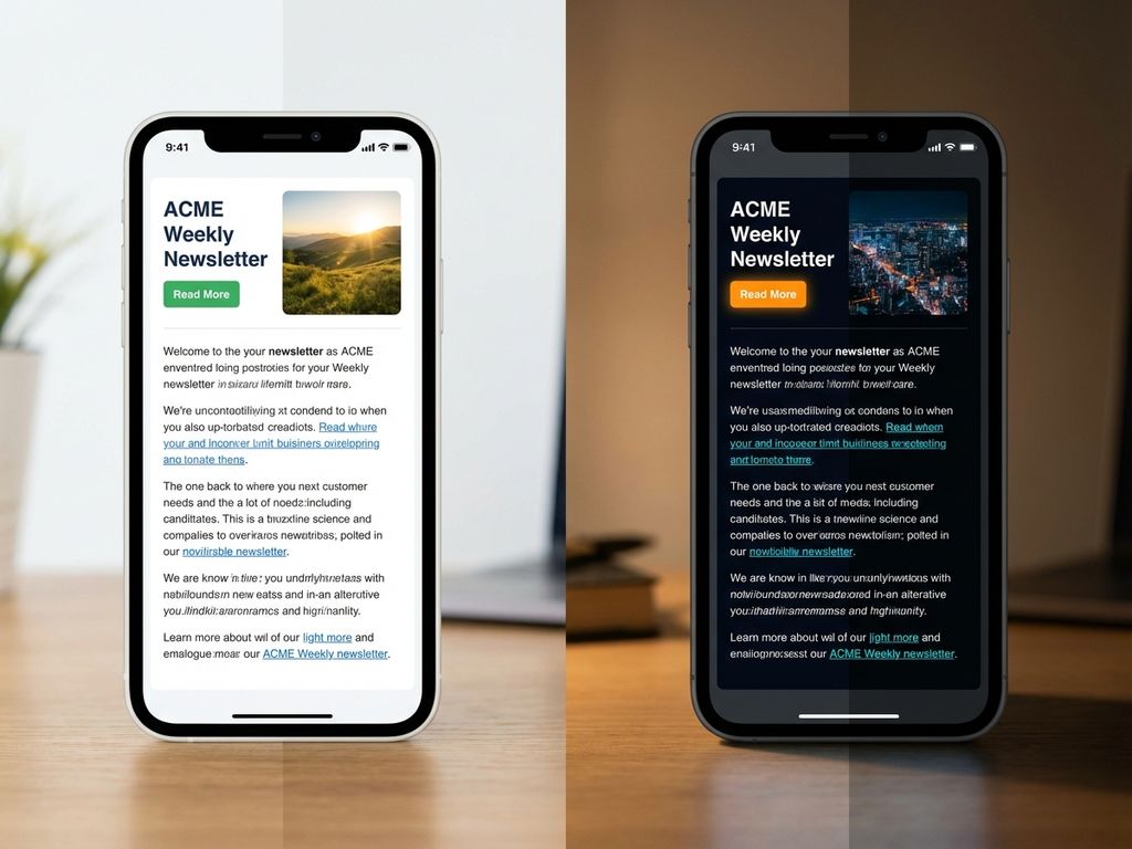 dark-mode-vs-light-mode-email-newsletter-design.jpg Two identical smartphones displaying the same email newsletter in light mode and dark mode side-by-side comparison.