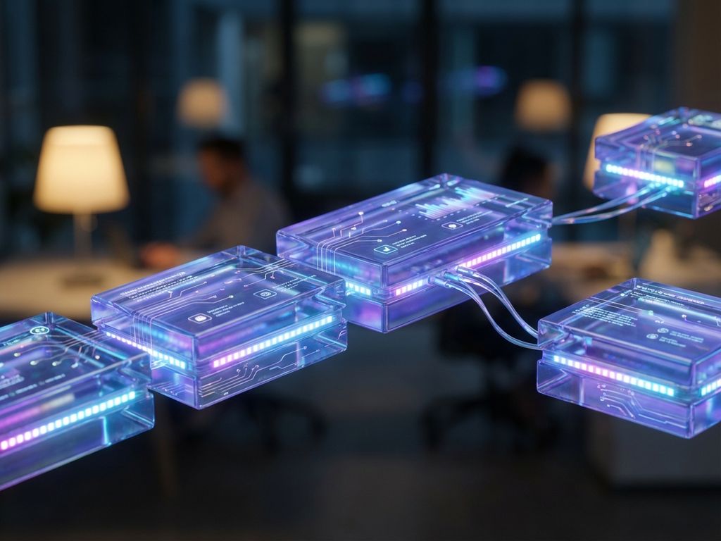 digital-building-blocks-personalization-technology.jpg Glowing digital blocks with data streams connected by network lines floating above modern office, representing scalable tech.