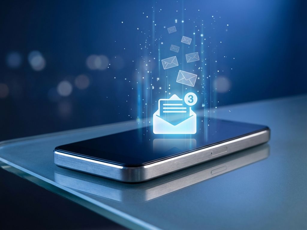 email-marketing-automation-smartphone-holographic.jpg Smartphone on glass desk displaying glowing email interface with floating holographic icons and blue digital data streams