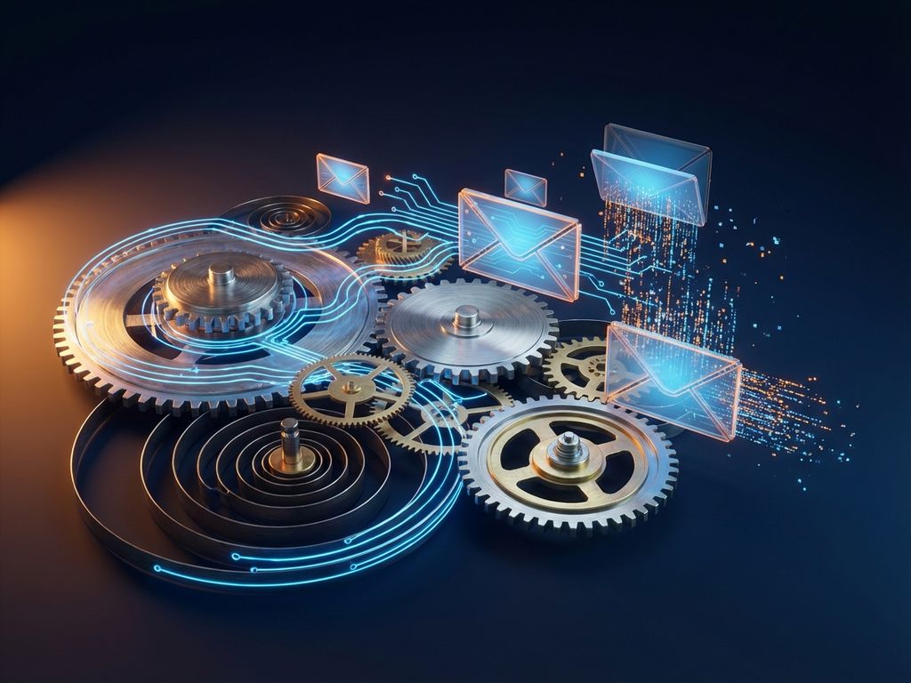 email-automation-workflows-gears-mechanisms.jpg Automated email workflow visualization with metallic gears, glowing blue pathways, and floating envelope icons on navy background.
