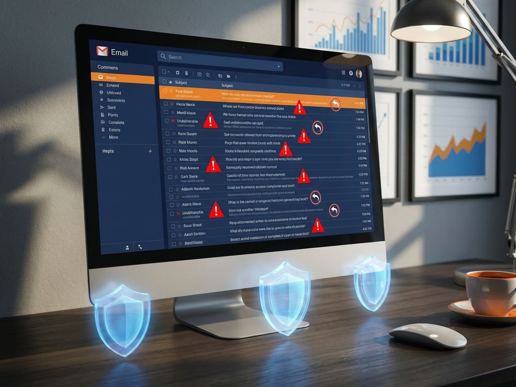 email-bounce-protection-dashboard-analytics.jpg Computer screen showing email inbox with red warning triangles and bounce-back notifications, blue shield icons for protection.