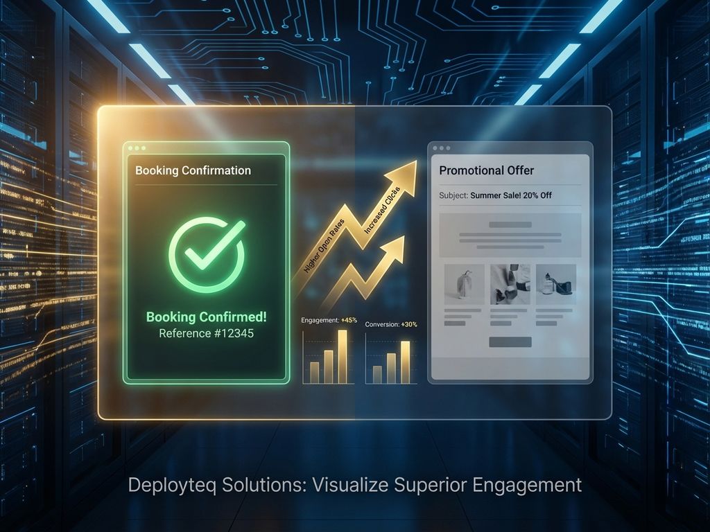 email-confirmation-vs-promotional-engagement-rates.jpg Split-screen email comparison: bright booking confirmation with checkmark outperforms dim promotional email, golden arrows show metrics