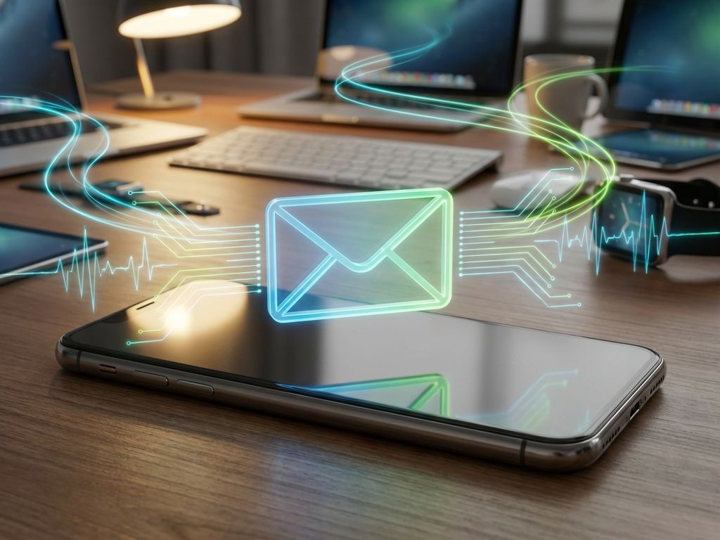 email-deliverability-infrastructure-devices-connection.jpg Email envelope icon floating above smartphone with glowing blue transmission lines connecting to multiple devices