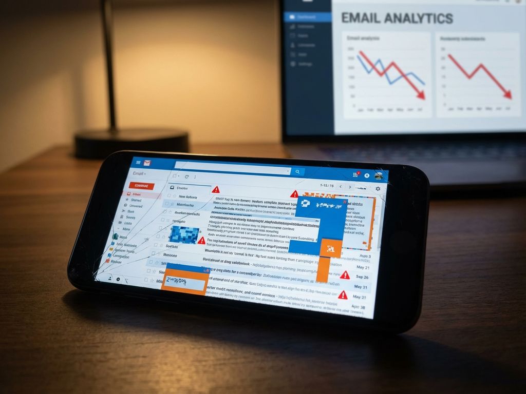 email-design-mobile-optimization-broken-layout.jpg Smartphone displaying broken email layout with overflowing text and misaligned elements on desk with laptop showing analytics