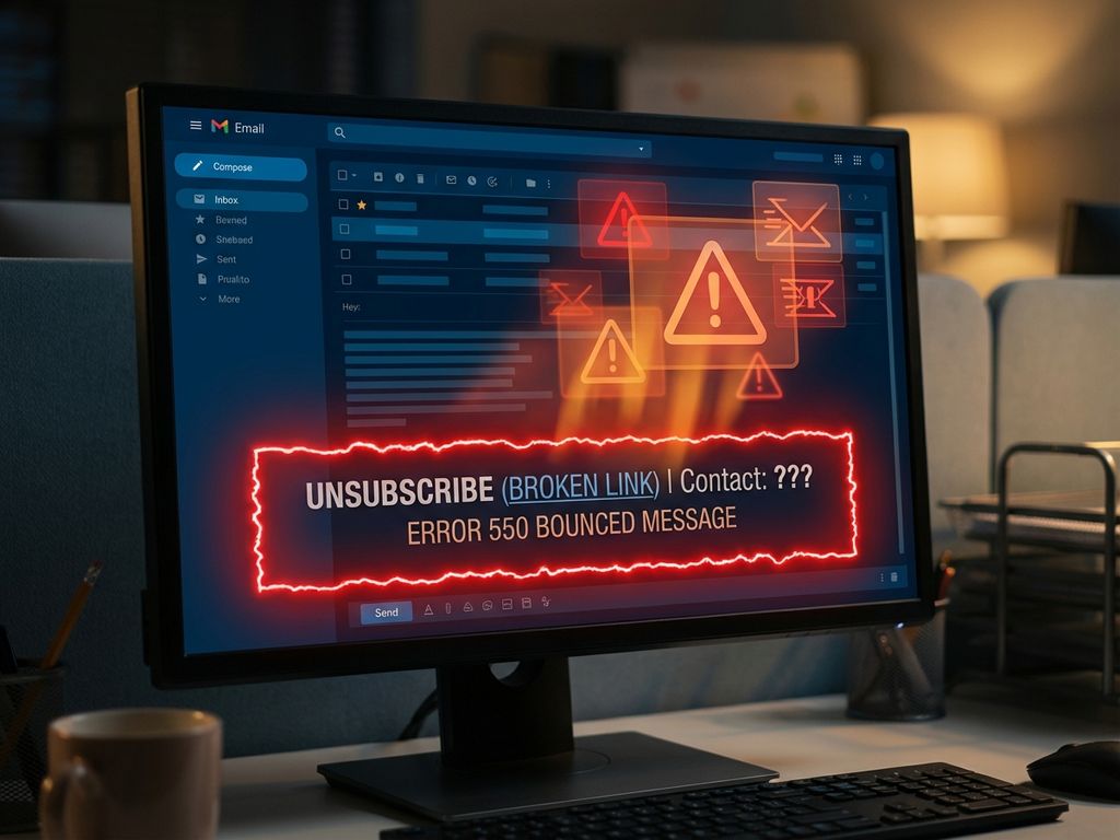 email-footer-compliance-errors-warning-screen.jpg Computer screen showing email interface with red warning highlights on broken footer links and missing contact information