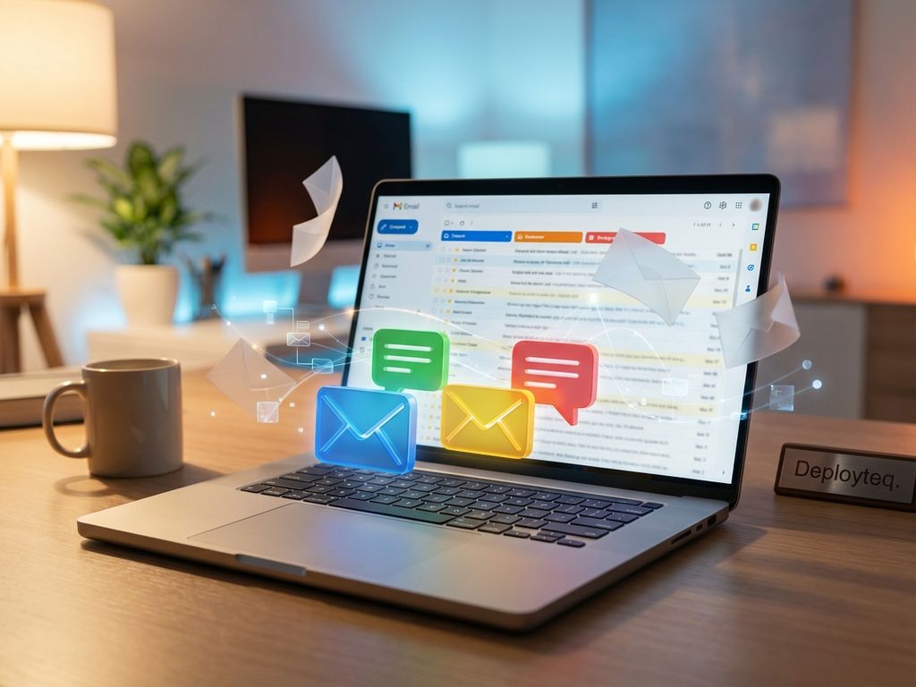 email-marketing-automation-laptop-interface-3d.jpg Open laptop displaying colorful email interface with 3D floating message icons and data visualization elements in modern workspace