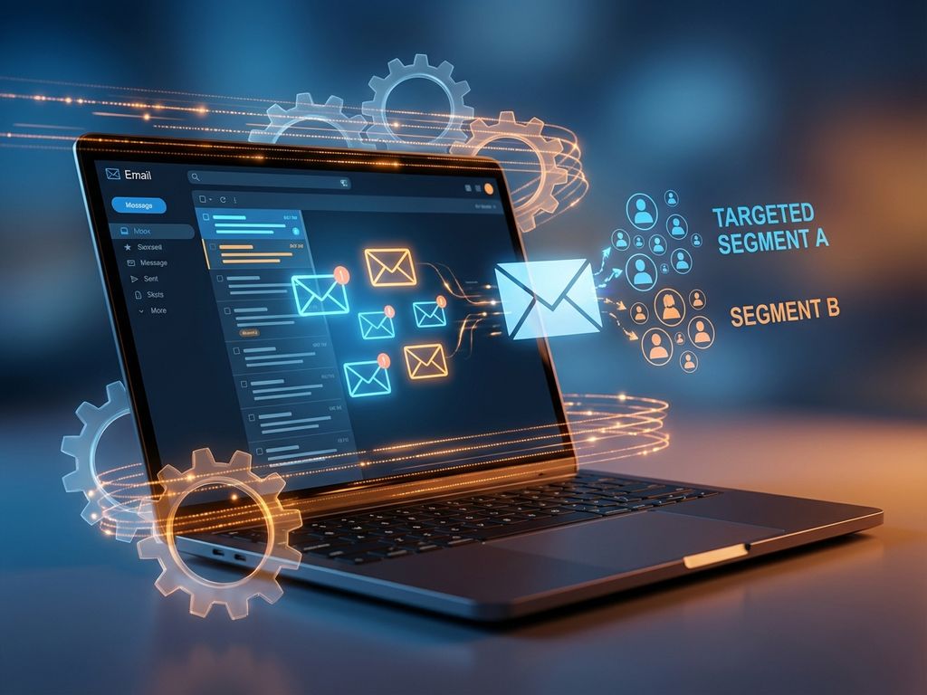 email-marketing-automation-laptop-interface.jpg Laptop displaying email interface with floating message icons, automated gears, and data flow lines in blue and orange