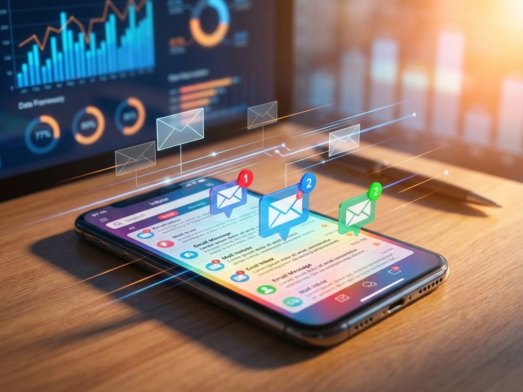 email-marketing-automation-smartphone-inbox-3d.jpg Smartphone on wooden desk displaying email inbox with floating notification badges and data visualization elements