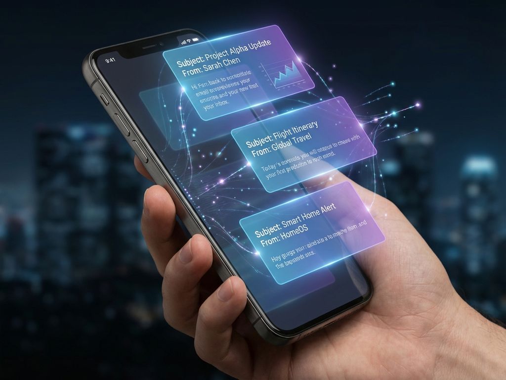 email-marketing-automation-smartphone-personalized-messages.jpg Smartphone displaying personalized email interface with holographic message cards floating in blue and purple gradients