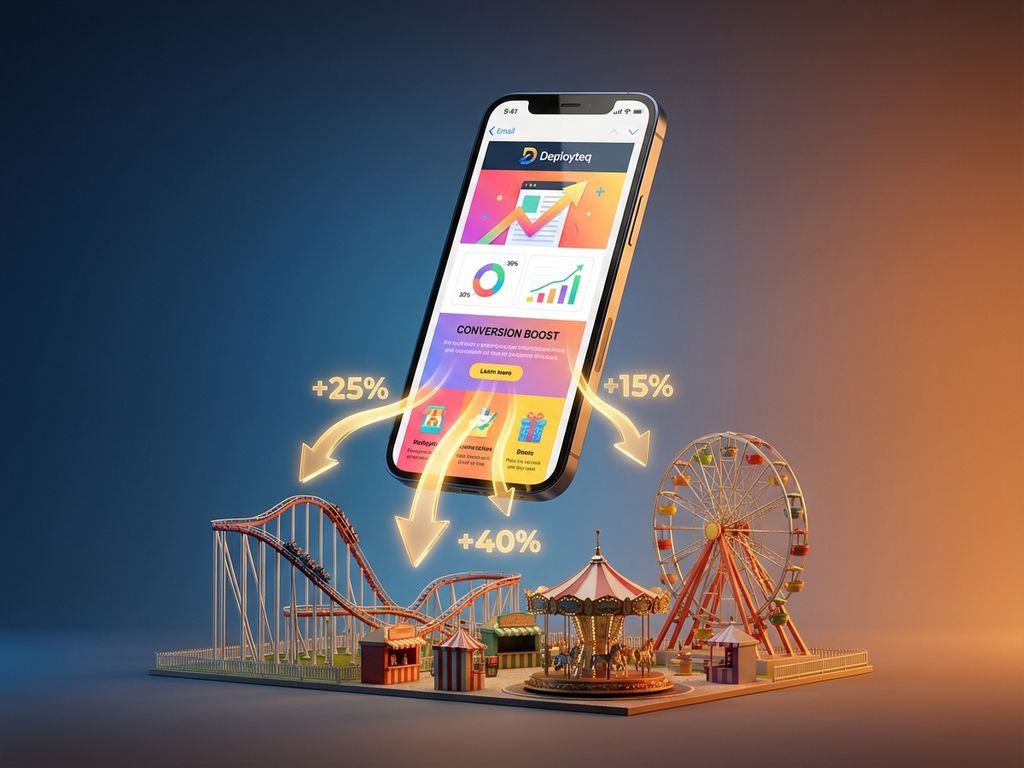 email-marketing-automation-theme-park-conversion.jpg Smartphone with email interface floating above miniature theme park with golden conversion arrows flowing between them