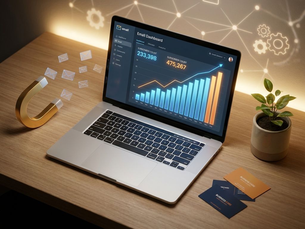 email-marketing-growth-workspace-dashboard.jpg Laptop displaying email marketing dashboard with rising subscriber metrics on wooden desk with golden magnet and envelopes