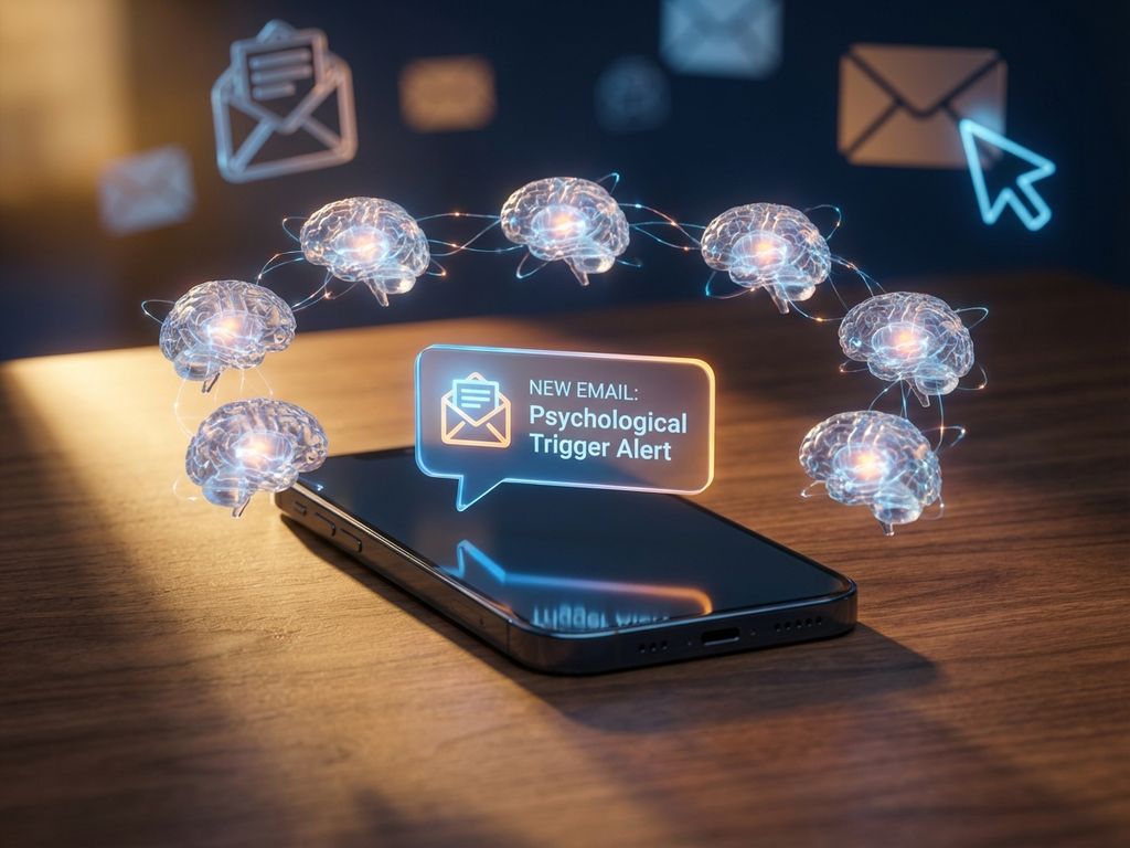 email-marketing-psychology-triggers-smartphone.jpg Smartphone with email notification surrounded by seven glowing brain icons on wooden desk representing psychological triggers