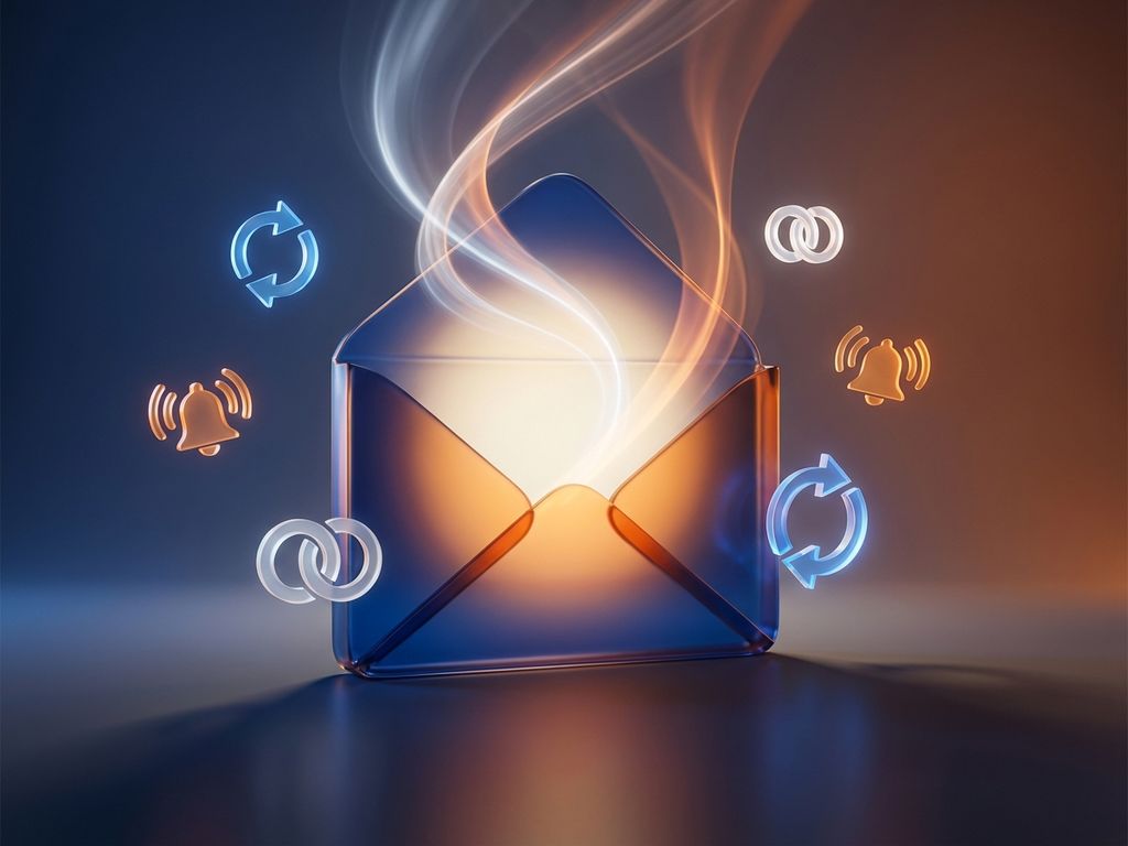 email-marketing-engagement-tactics-glowing-envelope.jpg Glowing email envelope with light beams surrounded by floating digital icons including arrows, bells, and connectivity symbols