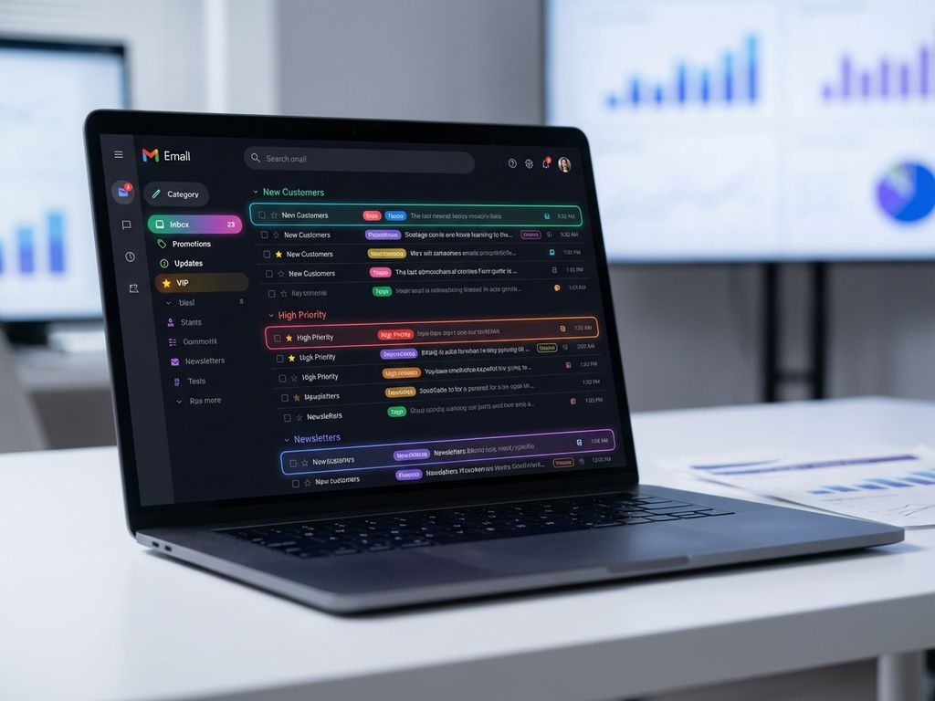 email-segmentation-dashboard-marketing-automation.jpg Laptop screen displaying email marketing interface with colorful category folders, tags, and segmented user lists on modern desk