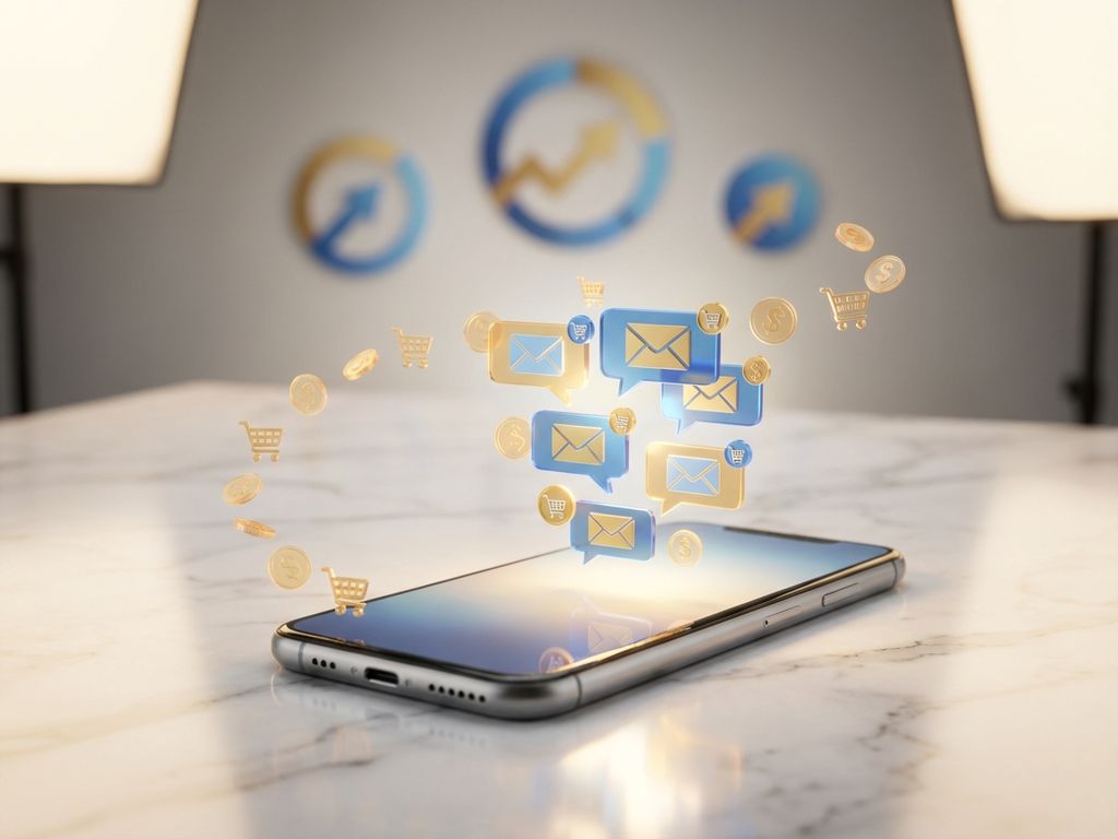 email-marketing-automation-smartphone-notifications.jpg Smartphone displaying email notifications and purchase confirmations with golden coins and shopping cart icons on marble surface