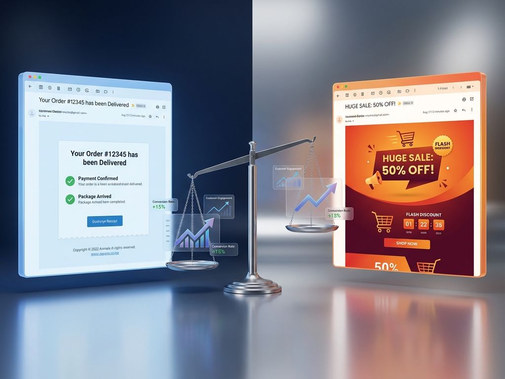 email-marketing-transactional-vs-promotional-comparison.jpg Split-screen showing transactional email receipt and promotional marketing email on balance scale with analytics charts