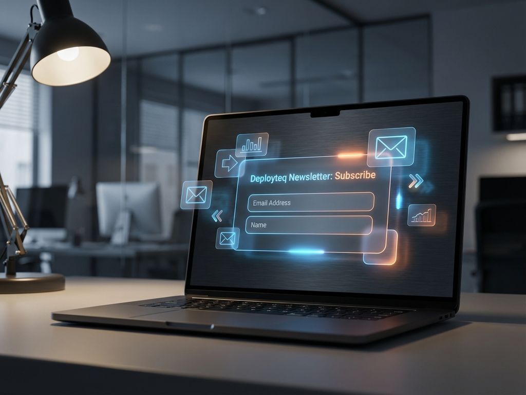 email-opt-in-form-laptop-screen-interface.jpg Laptop screen displaying glowing email opt-in form with blue and orange accents, surrounded by floating data elements