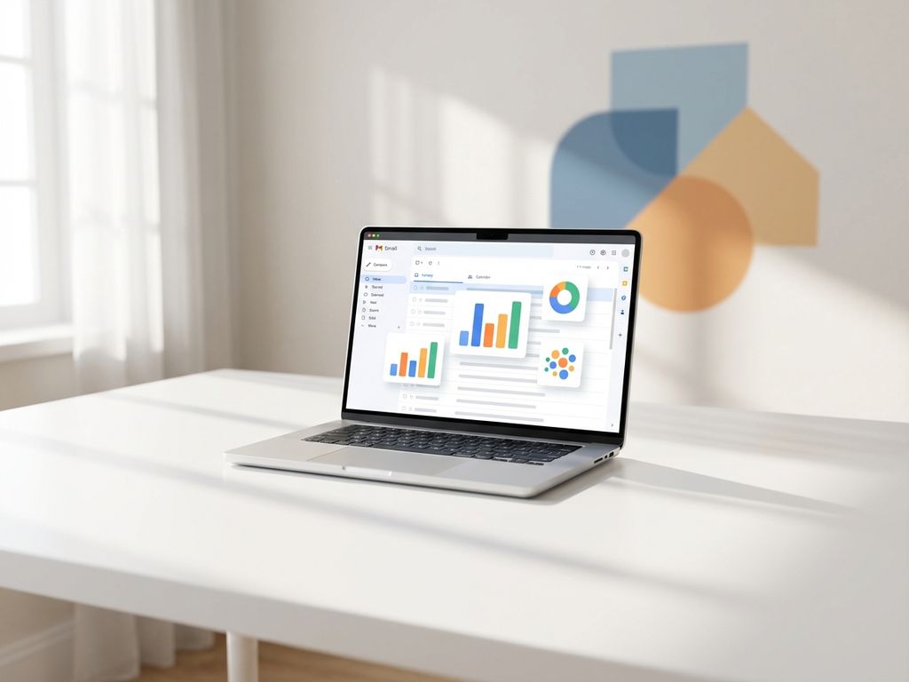 email-personalization-workspace-laptop-visualization.jpg Laptop displaying email interface with colorful data visualization elements on minimalist white desk workspace