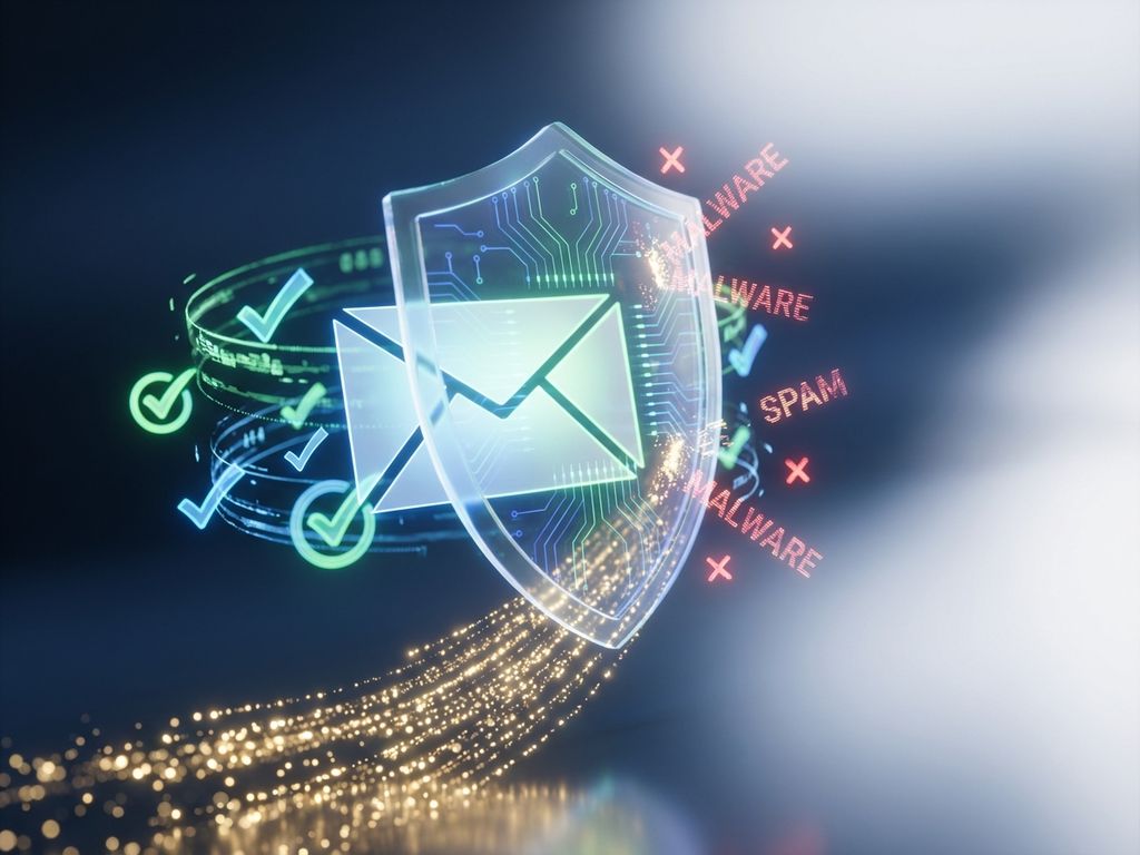 email-security-shield-protection-thumbnail.jpg Digital shield protecting glowing email envelope with green checkmarks, deflecting red spam indicators and malicious threats