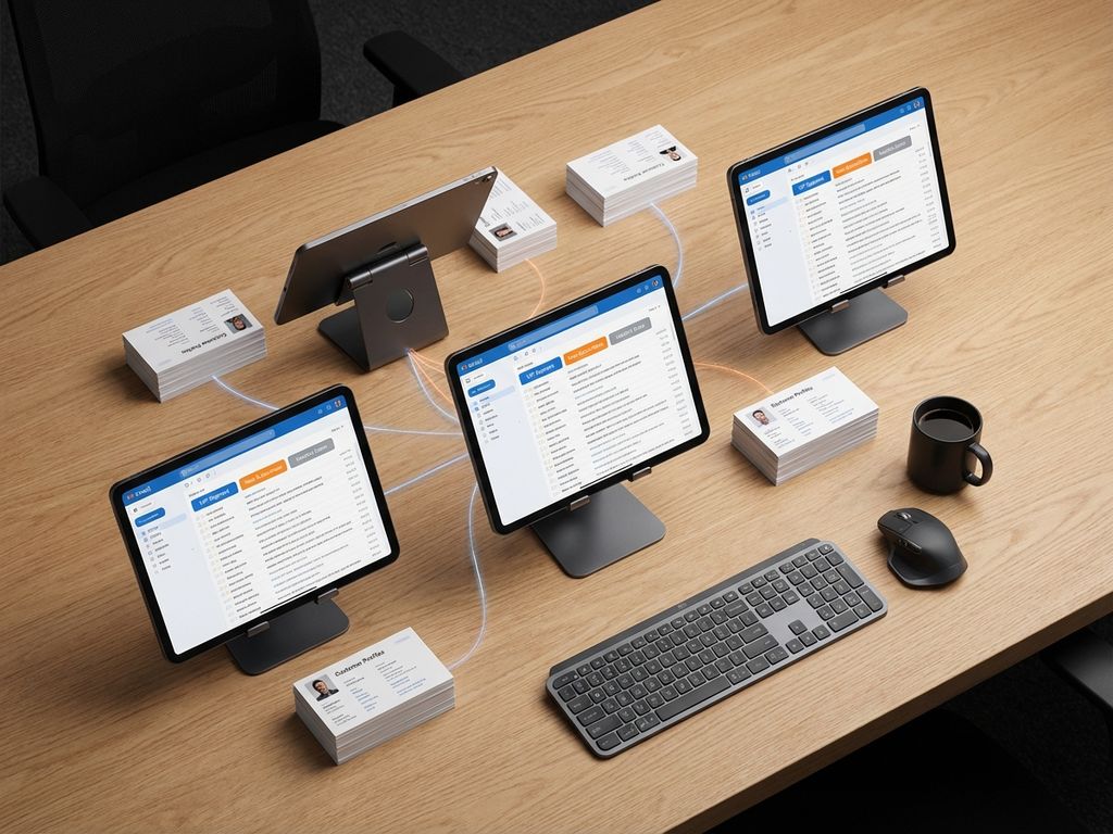 email-segmentation-marketing-automation-desk.jpg Modern desk with tablets displaying color-coded email segmentation interfaces and organized customer profile cards connected by data flow lines.
