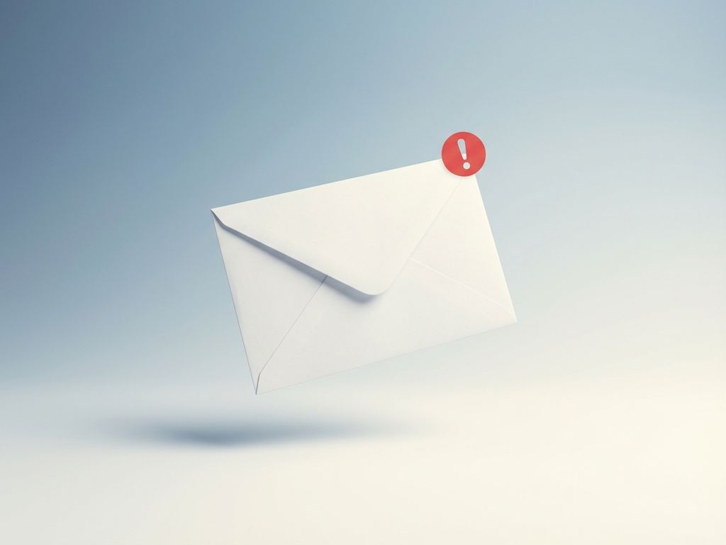 email-spam-detection-white-envelope-warning.jpg White envelope with red warning symbol floating against blue gradient background, indicating spam email detection