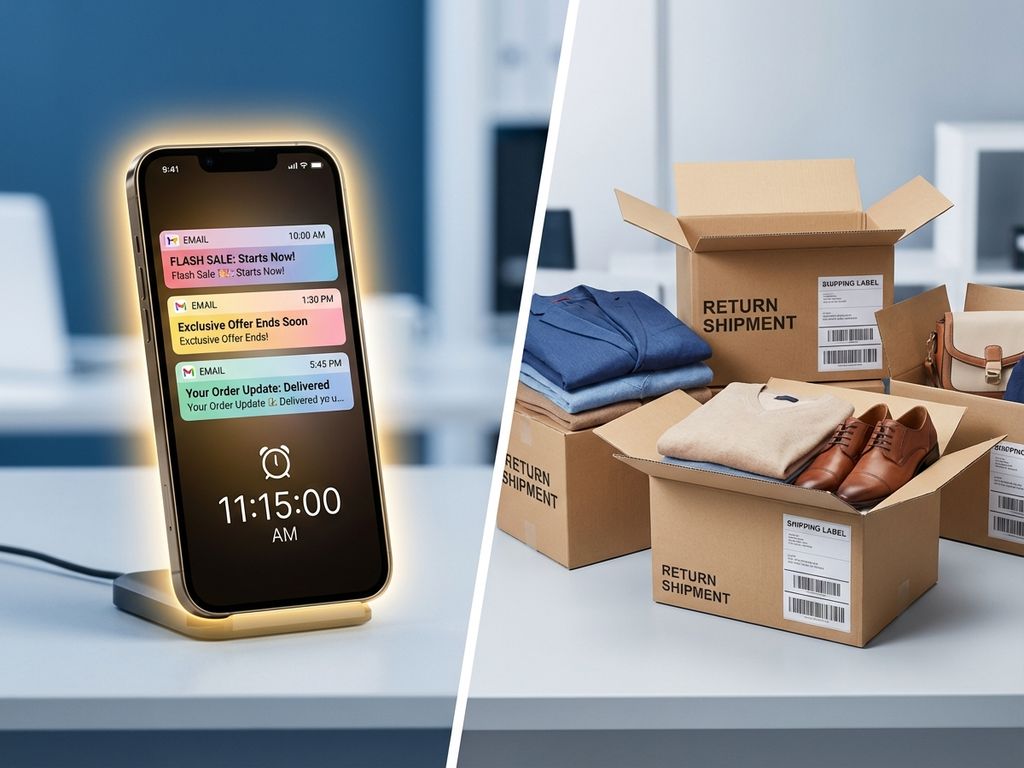 email-timing-fashion-returns-reduction-strategy.jpg Smartphone with colorful email notifications next to organized fashion return boxes with shipping labels on clean background
