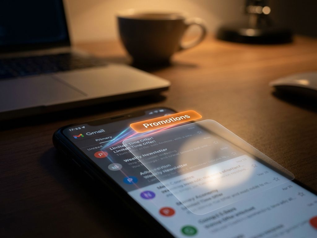 gmail-promotions-tab-primary-inbox-liberation.jpg Smartphone displaying Gmail interface with orange Promotions tab highlighted and light beams pointing toward Primary inbox tab