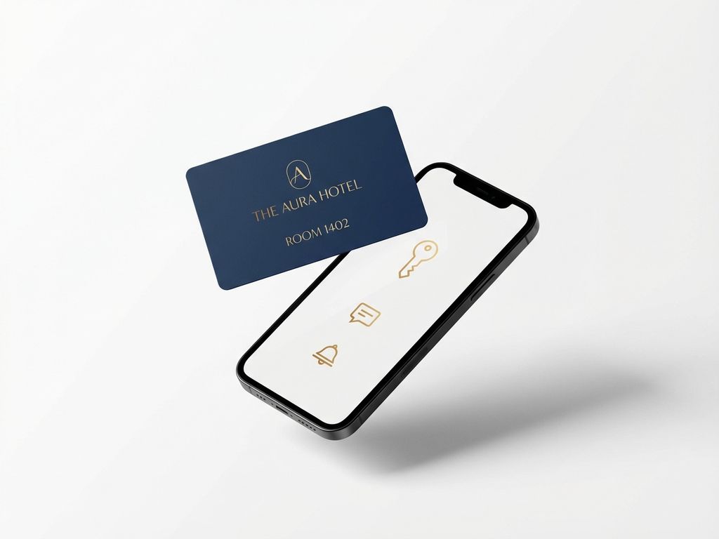 hotel-digital-marketing-automation-keycard-smartphone.jpg Hotel key card floating above smartphone with notification icons on white background with navy blue and gold accents