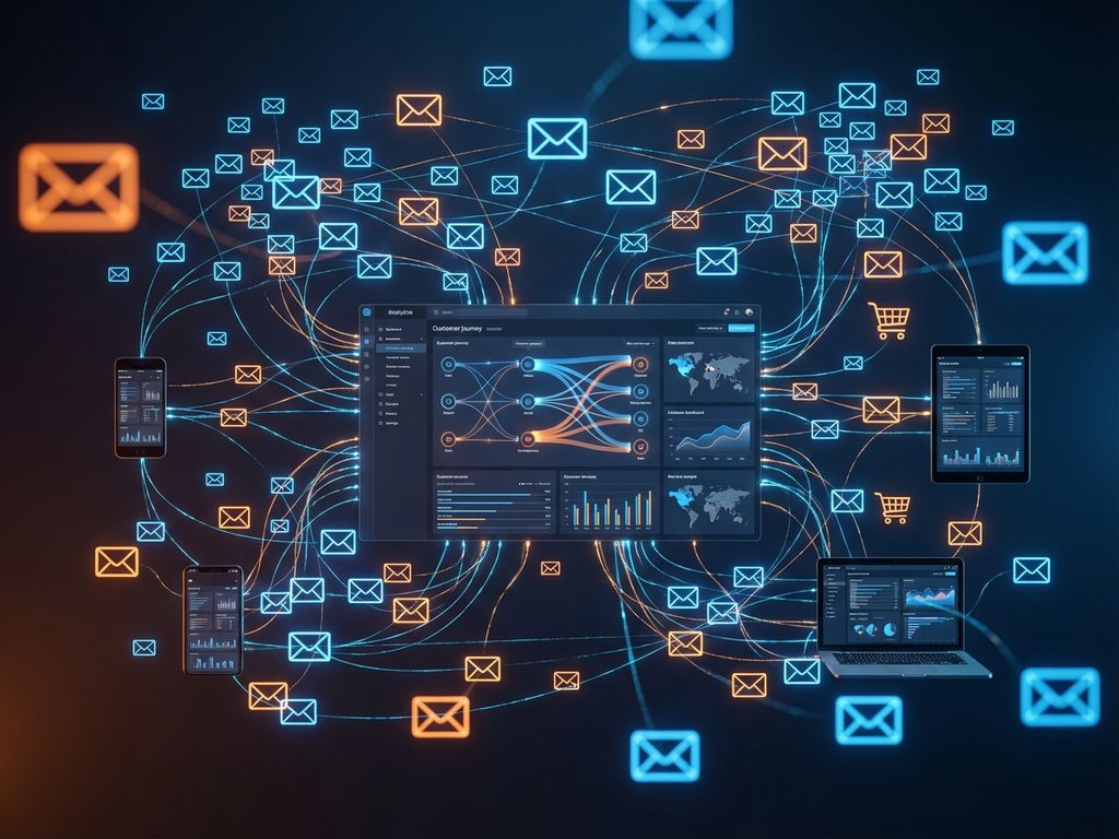 email-marketing-attribution-analytics-dashboard.jpg Analytics dashboard displaying email marketing attribution with glowing icons connected by data trails across devices