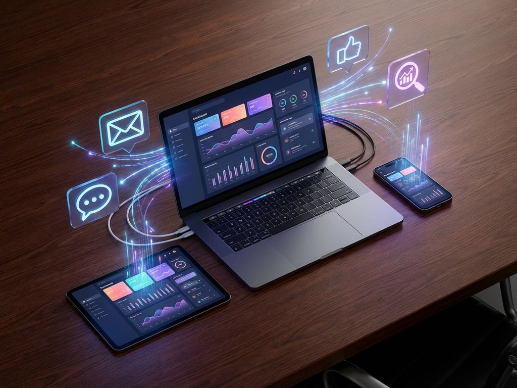 marketing-automation-dashboard-devices-workflow.jpg Modern desk with laptop, tablet and smartphone displaying colorful marketing automation dashboards connected by glowing data streams