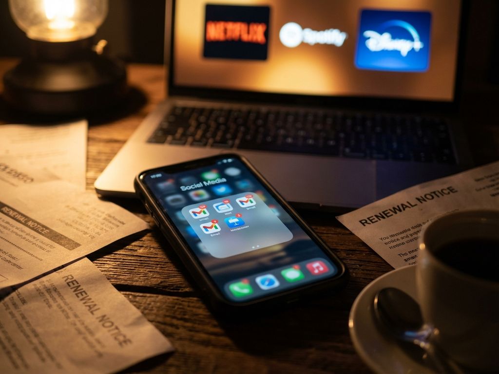 email-notifications-smartphone-subscription-alerts.jpg Smartphone with red email notification badges on wooden desk surrounded by subscription renewal notices and coffee cup.